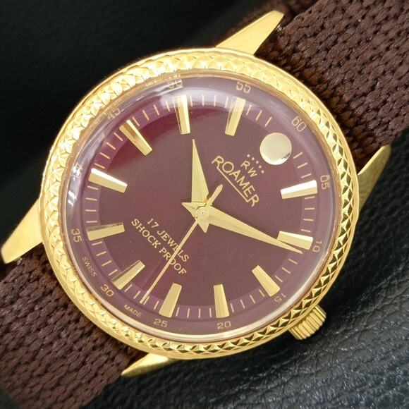 Fortis Other - Vintage 1984 Roamer Manual Mens Gold Watch W/Nato Strap & Red accents